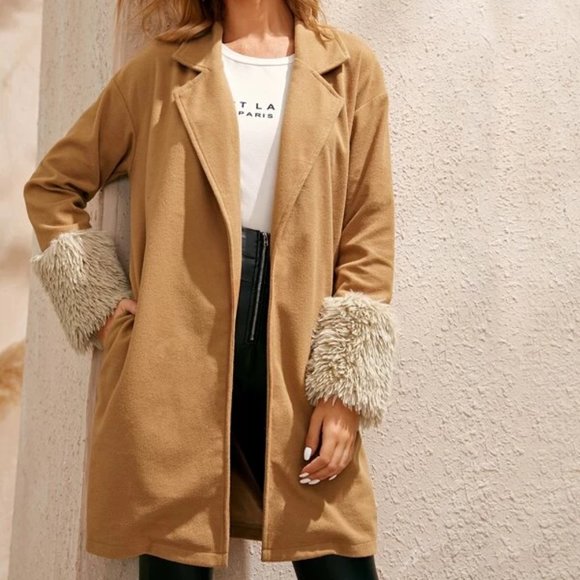 Camel Brown Open Coat with Faux Fur Cuffs in M & L - Picture 3 of 4